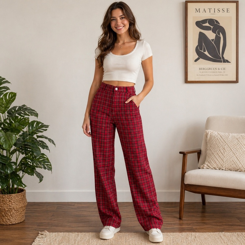 Hollister Red Plaid Pants Y2K Grunge Academia Preppy Tartan High Rise Straight